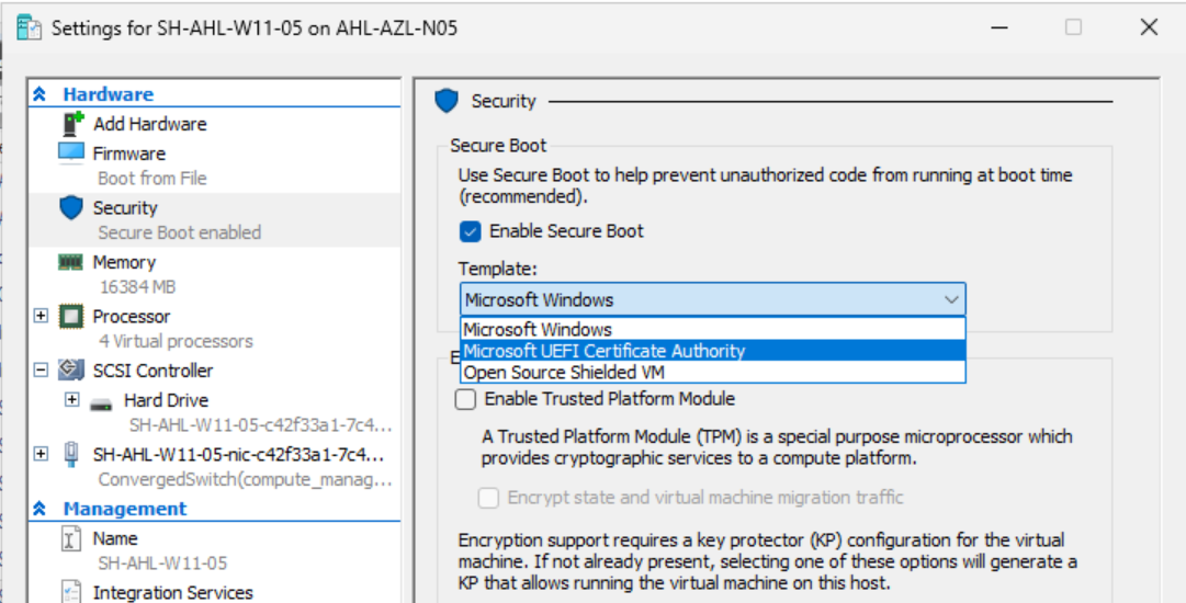 Secure Boot Template Dialog in den Hyper-V VM Settings